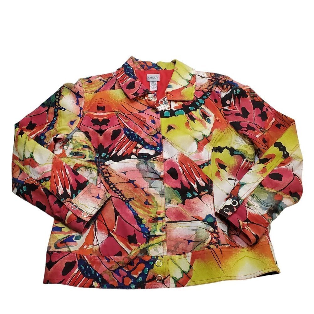 Chico's Jacket Size 2 US 12 Snap front Pink Red Abstract Butterfly Canvas artsy